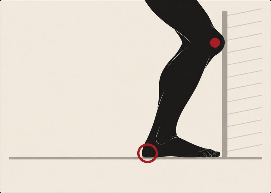 Step two: the knee driven forward to touch the wall with the heel flat on the floor