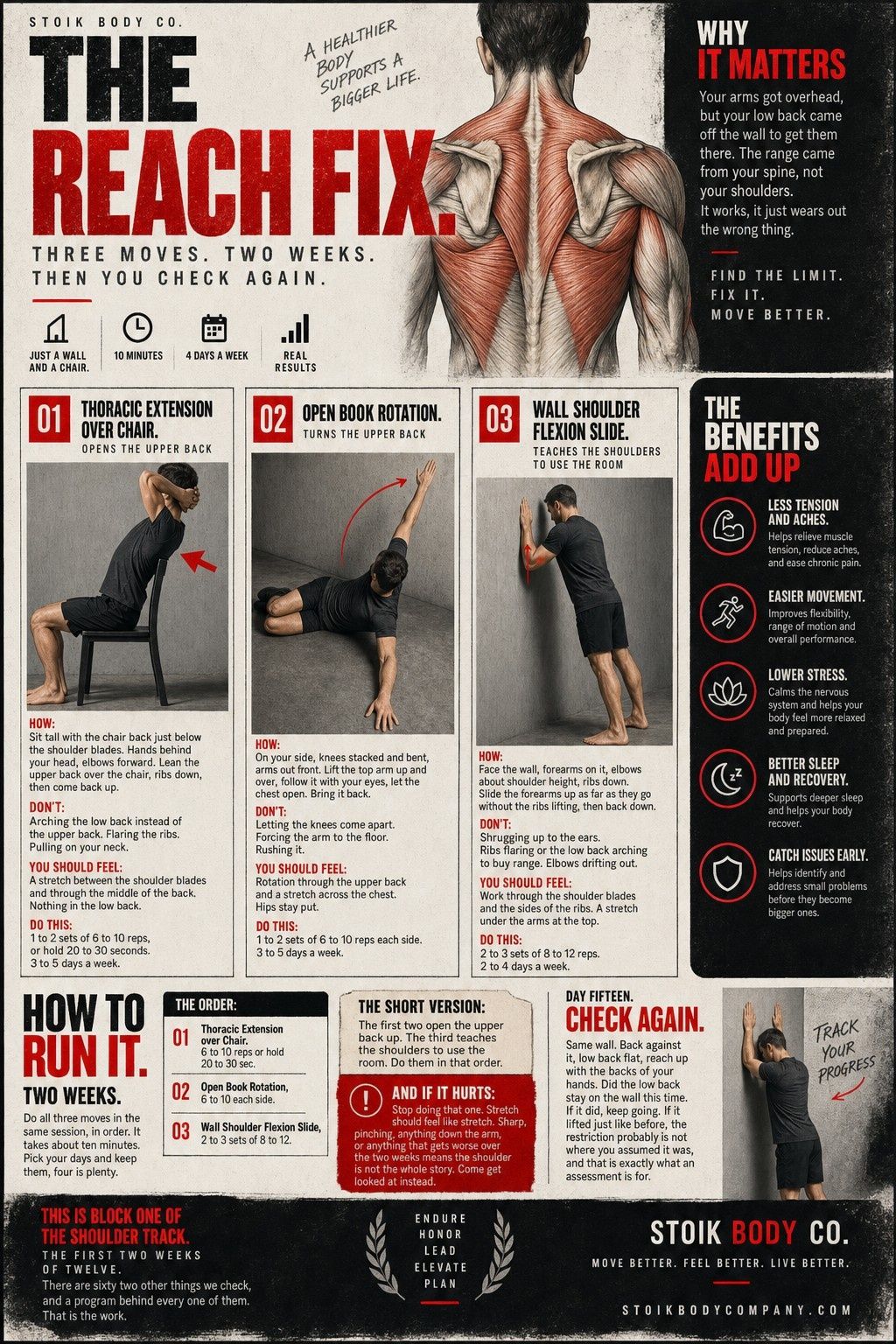 The Reach Fix on one page: three moves with anatomy pictures, how to do each one, what not to do, what you should feel, the dose, how to run the two weeks, and how to check again on day fifteen