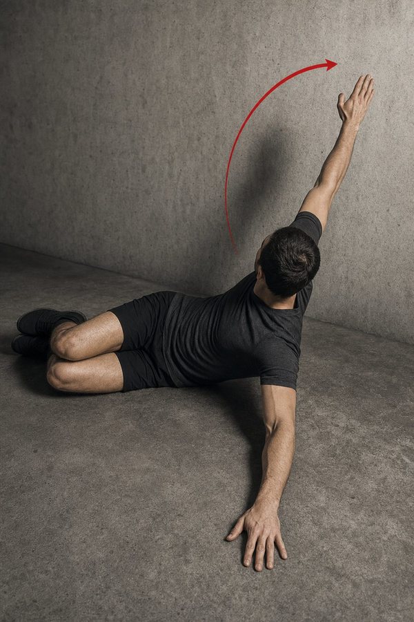 Open book rotation: lying on the side with knees stacked, the top arm opening up and over toward the floor behind