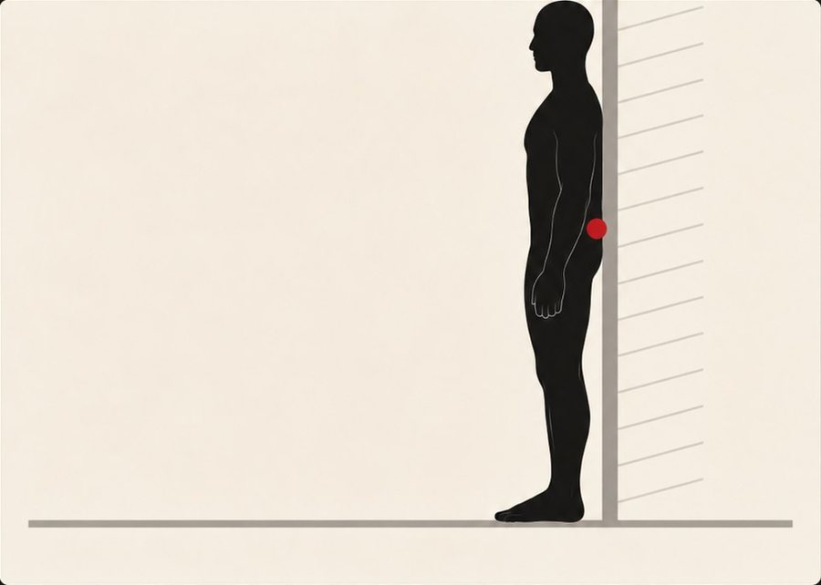 Step one: standing with the back against the wall, feet a few inches out, low back flat