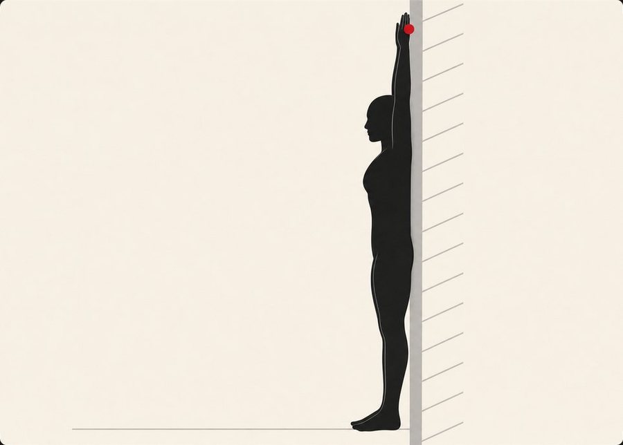 Step two: arms straight overhead, thumbs back, reaching the backs of the hands toward the wall