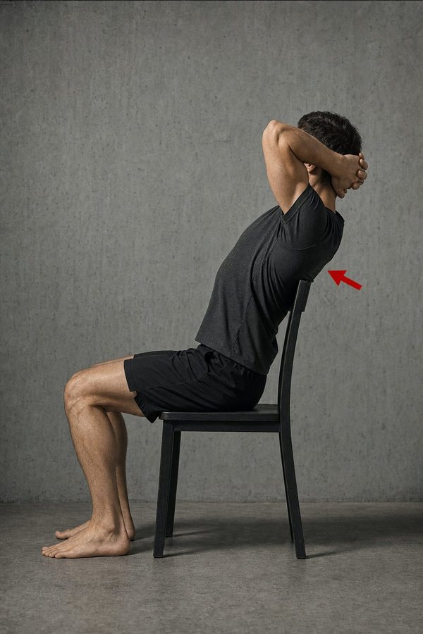 Thoracic extension over a chair: seated, hands behind the head, leaning the upper back over the chair back with the ribs down