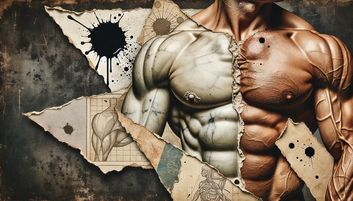 Ancient Greek statue layered with a modern bodybuilding physique — strength across centuries