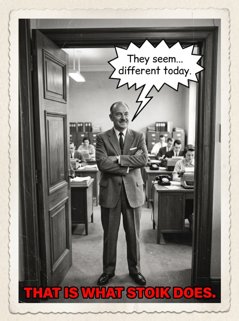 Vintage illustration showing boss observing employees at typewriter desks saying They seem different today. That is what Stoik does.