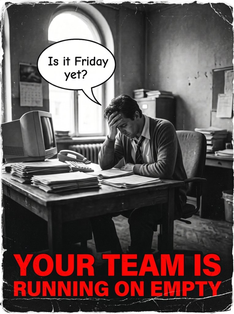 Vintage illustration of a tired employee at a desk saying Is it Friday yet? Your team is running on empty