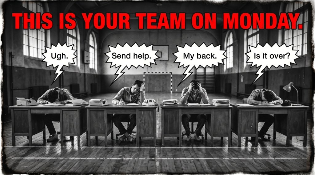 Vintage illustration of a fatigued employee team at desks saying Ugh, Send help, My back, Is it over