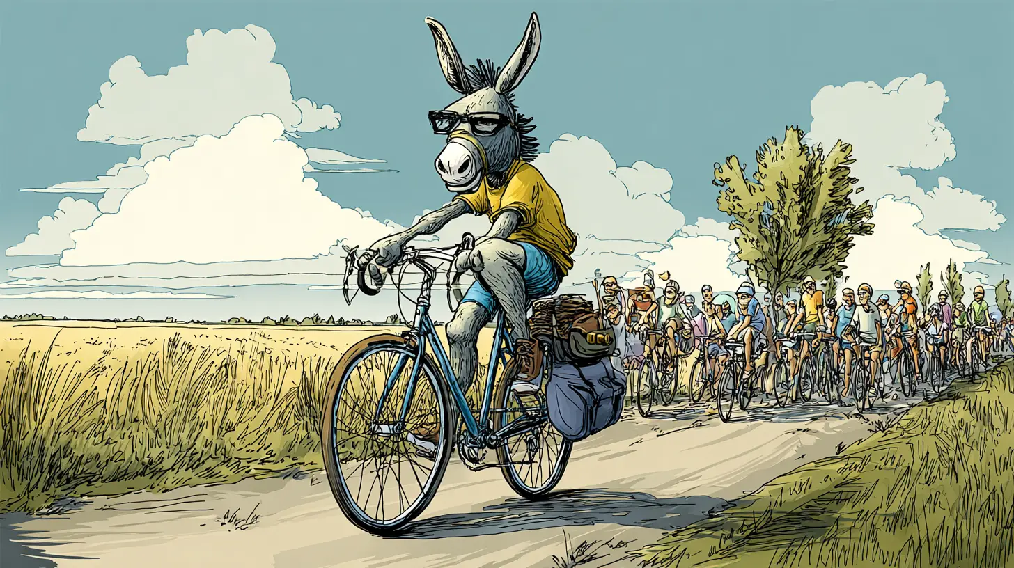 Cartoon donkey riding a bike in RAGBRAI